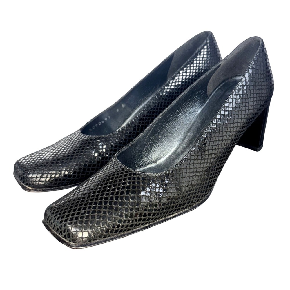 Stuart Weitzman Pumps Black Snakeskin Embossed Square Toe Block Heel Womens 6 B